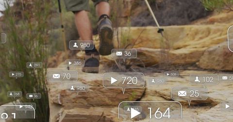Hiker Navigating Sandy Trail with Engagement Icons Overlay