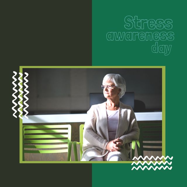 Elderly woman sitting alone, reflecting, symbolizing the significance of Stress Awareness Day. Highlights stress management and mental health awareness among seniors. Ideal for health campaigns, senior care services, or mental health awareness promotions.