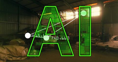 Neon green ai circuit overlay in industrial warehouse with holographic data elements
