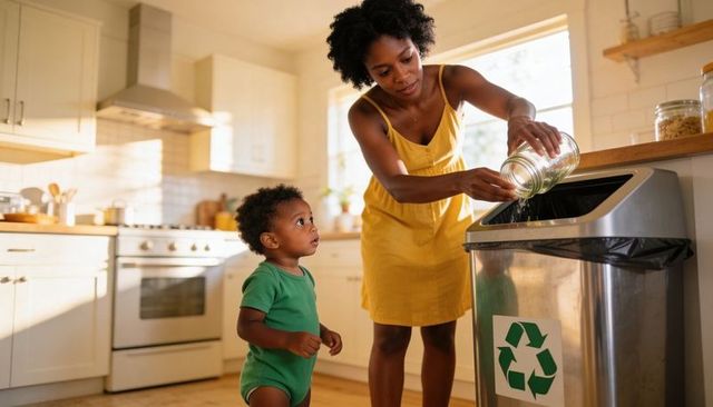 Mother pouring glass jar into recycling bin while toddler watching in sunlit kitchen