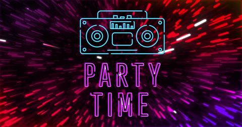 Retro party time neon radio with light trails background
