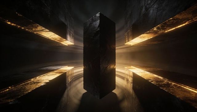 Floating black monolith in glowing industrial vault with golden light rays and symmetry