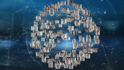 Digital Networking Globe with Diverse Portraits