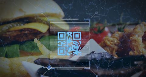 Digital QR Code Over Fast Food Meal with Network Connectivity Theme