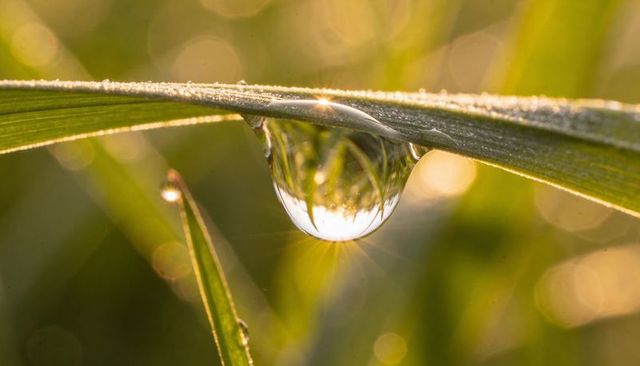 Morning dew droplet magnifying grass reflection with golden bokeh and sunflare