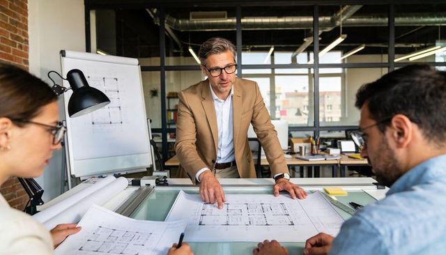 Architect leading team reviewing blueprints on drafting table in modern design studio