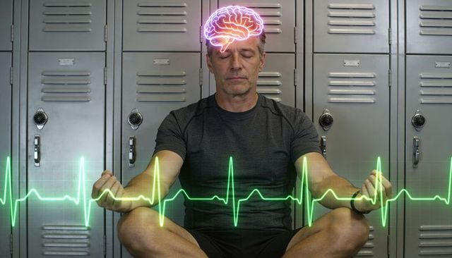 Middle-aged man meditating in gym locker room with neon brain and ecg overlay