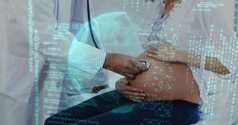 Doctor Conducting Prenatal Check with Futuristic Tech Overlay