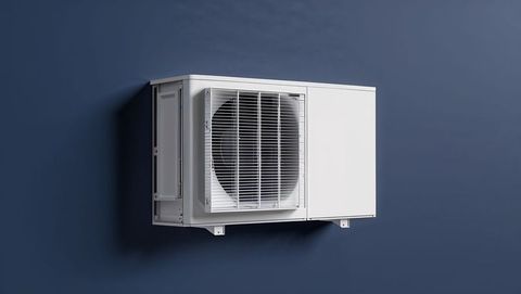 Modern hvac condenser unit on blue wall with metal grille