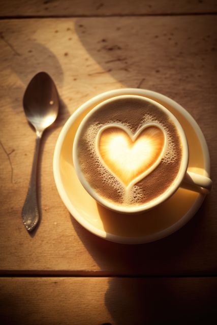 Cup of coffee latte with heart pattern and spoon on table, created using generative ai technology. Coffee, caffeine and drink concept digitally generated image.