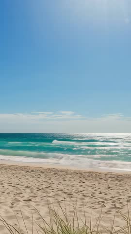 Vertical Beach Waves Rolling onto Sandy Shore with Dune Grass Swaying under Blue Sky