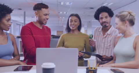 Diverse Team Discussing in Modern Office with Data Overlay