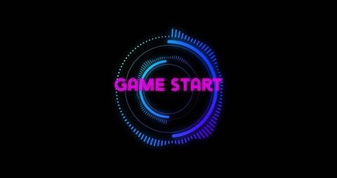Futuristic game start interface with neon hud elements