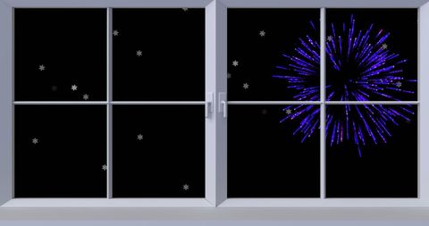 Festive Fireworks Viewed Through Window on Starry Night