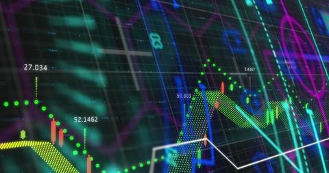 Neon Financial Market Dashboard Displaying Candlestick Charts, Data Streams, Visualization