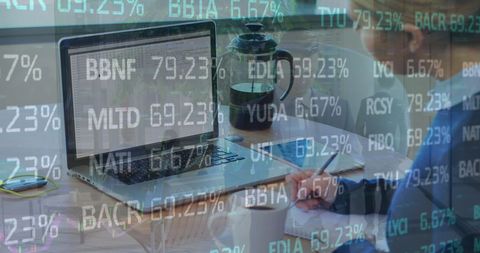 Businesswoman Analyzing Stock Data with Coffee in Hand