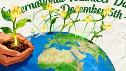 Hands Planting Glowing Seedlings on Rotating Globe for International Volunteer Day