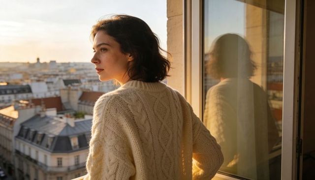Young woman gazing over city rooftops at sunset from open balcony window
