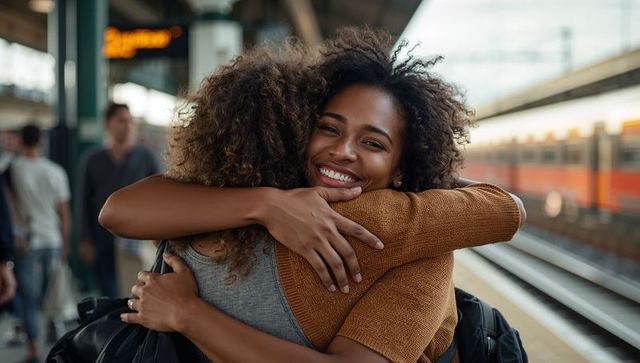 Young women reuniting in warm embrace on bustling commuter train platform smiling