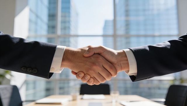 Business partners shaking hands over conference table in modern downtown glass office