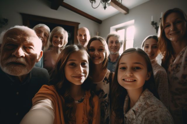 Portrait of happy caucasian family embracing at home, created using generative ai technology. Family picture, love, digitally generated image.