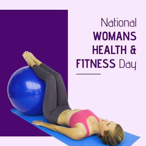 Woman exercising with fitness ball on women's health day banner