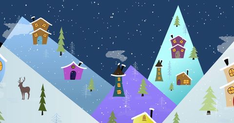 Magical Winter Wonderland with Snowy Village and Mountains