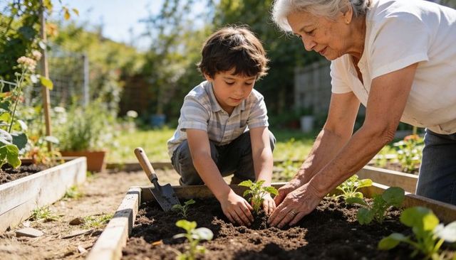 Grandmother teaching grandchild planting in raised bed garden, intergenerational bond