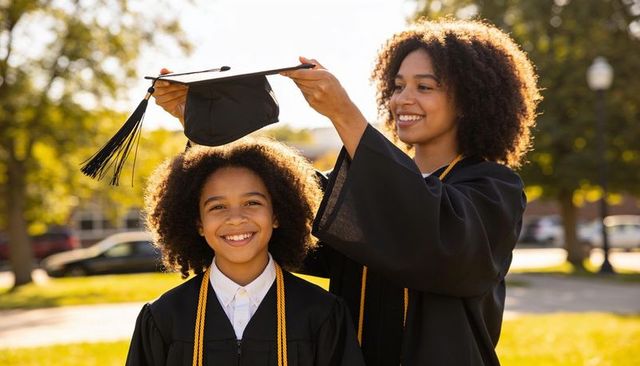 Older sister placing mortarboard on younger graduate smiling on sunlit campus graduation