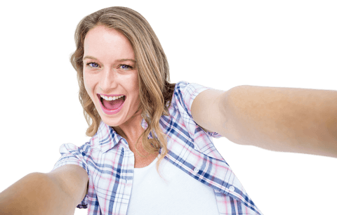Cheerful Woman Taking Selfie Isolated on Transparent Background