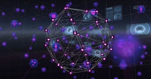 Holographic neon network globe visualizing data connectivity mail, alerts, health icons