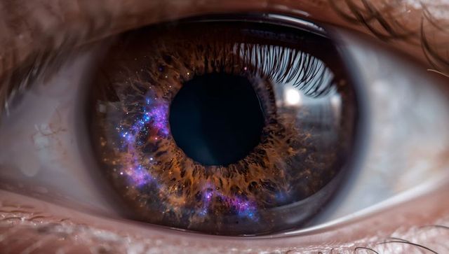 Macro brown iris revealing cosmic nebula reflections, detailed pupil, lashes and cornea