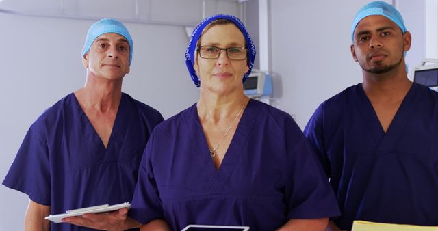 Medical team in scrub suits holding tablets in hospital room - Download Free Stock Images Pikwizard.com