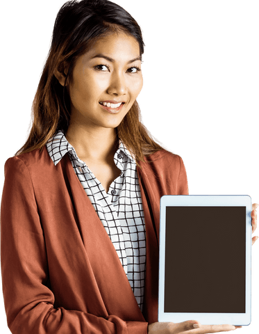Transparent Background Woman Presenting Tablet