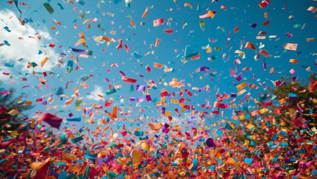 Vibrant Confetti Shower in Blue Sky Over Park