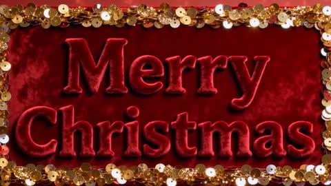 Red velvet Merry Christmas sign with gold sequin garland, shifting studio lights