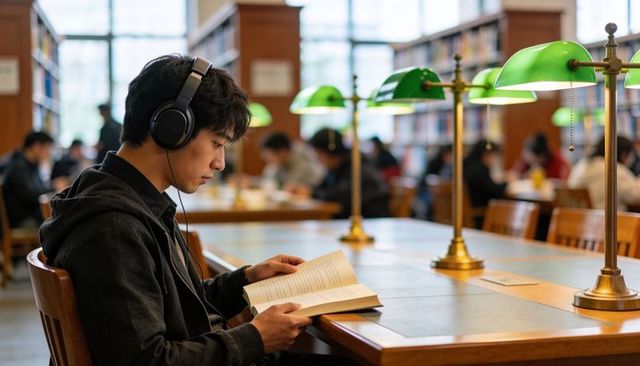 Student reading and studying with headphones at library table under green lamps