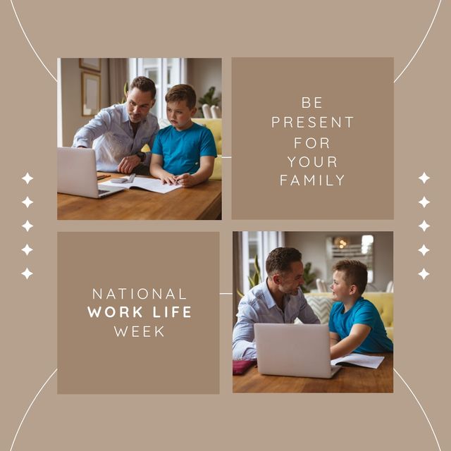 Image of national work life week and caucasian father and son with laptop. Work life balance, mental and physical health concept.