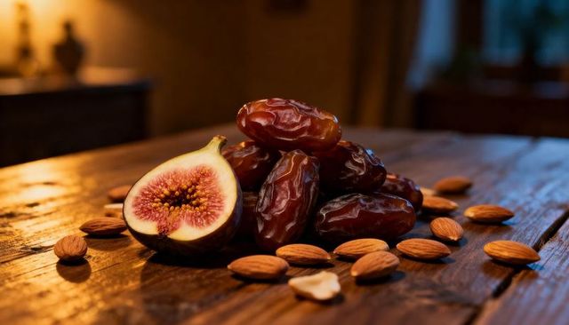 Stacked medjool dates with halved fig and scattered almonds on rustic wooden surface