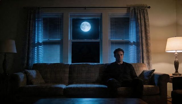 Man sitting on sofa at night gazing at full moon through window, moody solitude