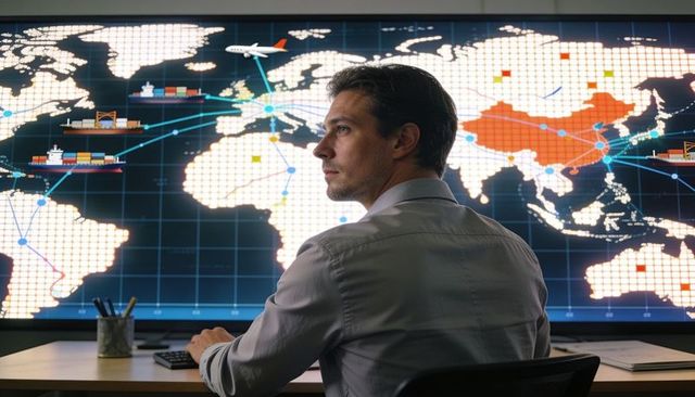 Logistics analyst monitoring global cargo routes on large digital world map display