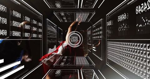 Hooded man reaching into holographic data corridor manipulating circular hud interface