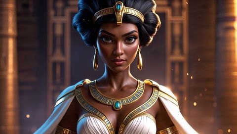 Regal queen cleopatra in ornate gold tiara in opulent palace hallway