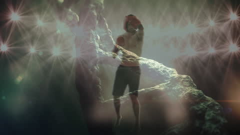 Caucasian Boxer with DNA Strand and Lights in Ethereal View