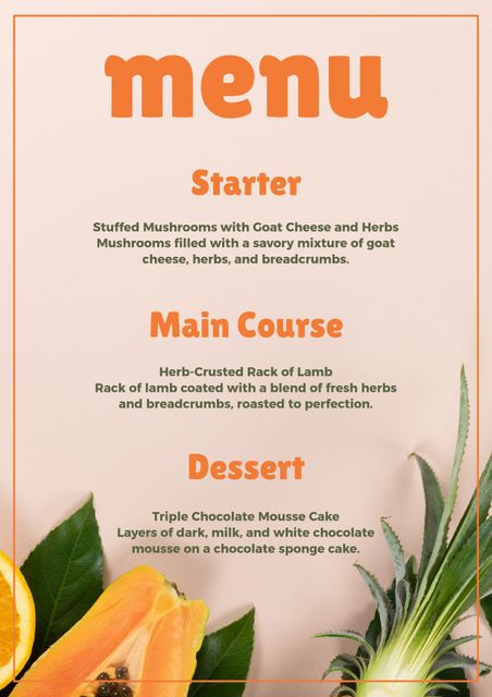 This tropical-themed gourmet menu template features a warm colored backdrop with fresh ingredients like papaya and pineapple by the sides, framing the selections. Ideal for restaurants, cafes, culinary events, and dinner parties, the elegant layout captures attention and sets a refined tone. Perfect for showcasing three-course meals with descriptions, enhancing customer dining experiences.