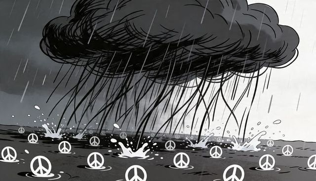 Dark storm cloud raining tendrils over sea of peace symbols, monochrome protest metaphor