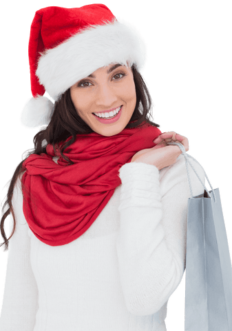 Smiling Woman Holding Shopping Bag Wearing Santa Hat with Transparent Background
