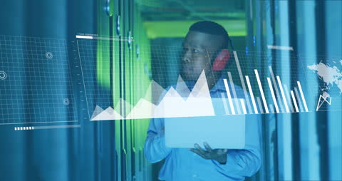 Data Technician Analyzing Virtual Graphs in Server Room