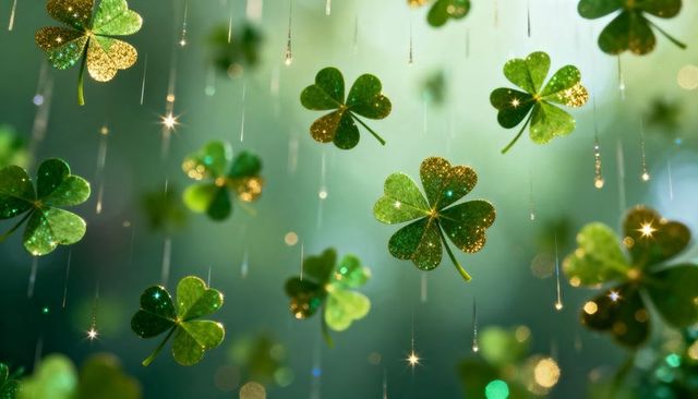 Floating glittering shamrocks with gold sparkles and bokeh light for st patricks day