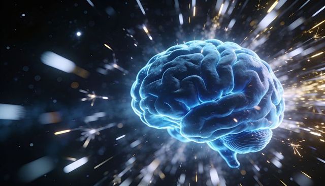 Neon-blue human brain glowing and rotating in dark starfield with dynamic light streaks